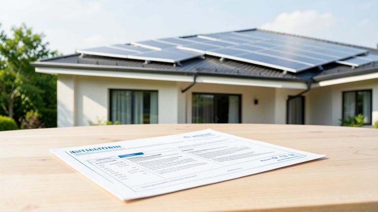 devis installation solaire posé sur une table avec panneaux photovoltaïques en arrière-plan sur une maison moderne