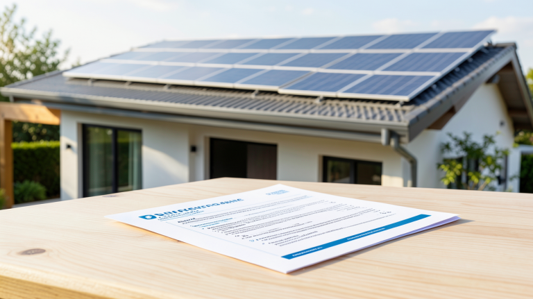 devis panneau solaire posé sur une table avec un panneau solaire installé sur le toit d'une maison moderne