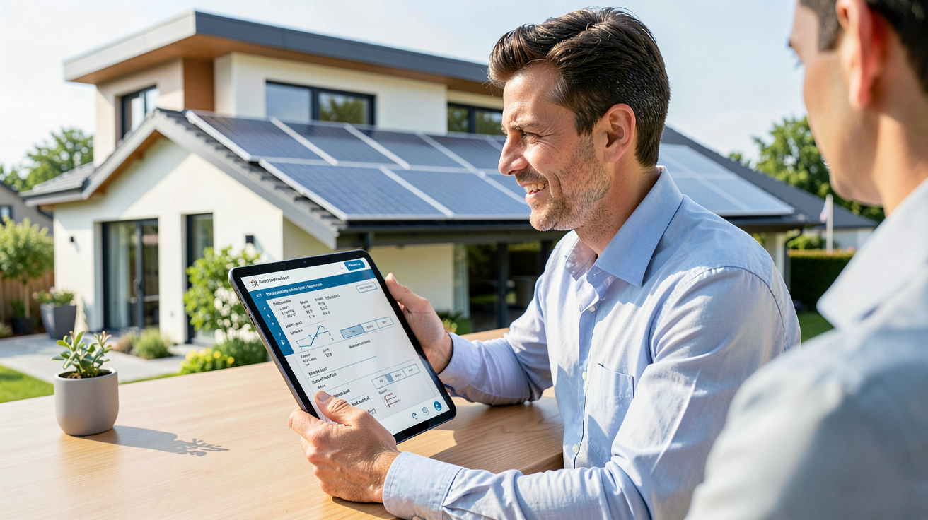devis panneau photovoltaique présenté sur une tablette par un professionnel devant une maison équipée de panneaux solaires