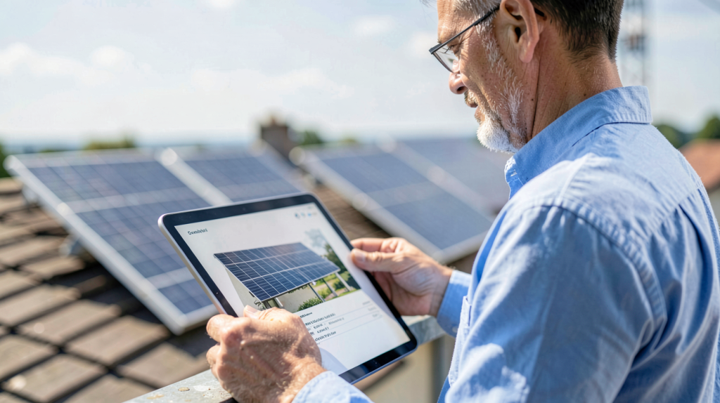 devis panneau photovoltaique présenté par un professionnel de l'énergie solaire sur une tablette