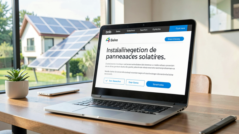 devis panneau solaire en ligne affiché sur un écran d'ordinateur portable avec une maison équipée en arrière-plan