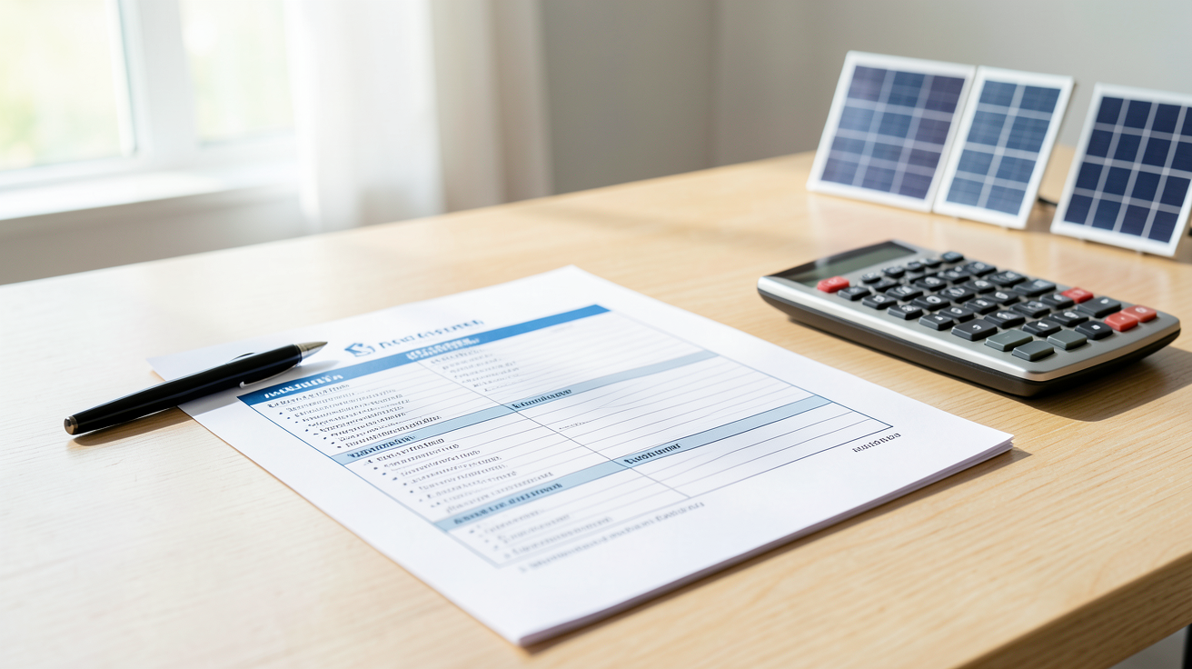 devis panneaux solaires avec checklist de validation posée sur une table en bois