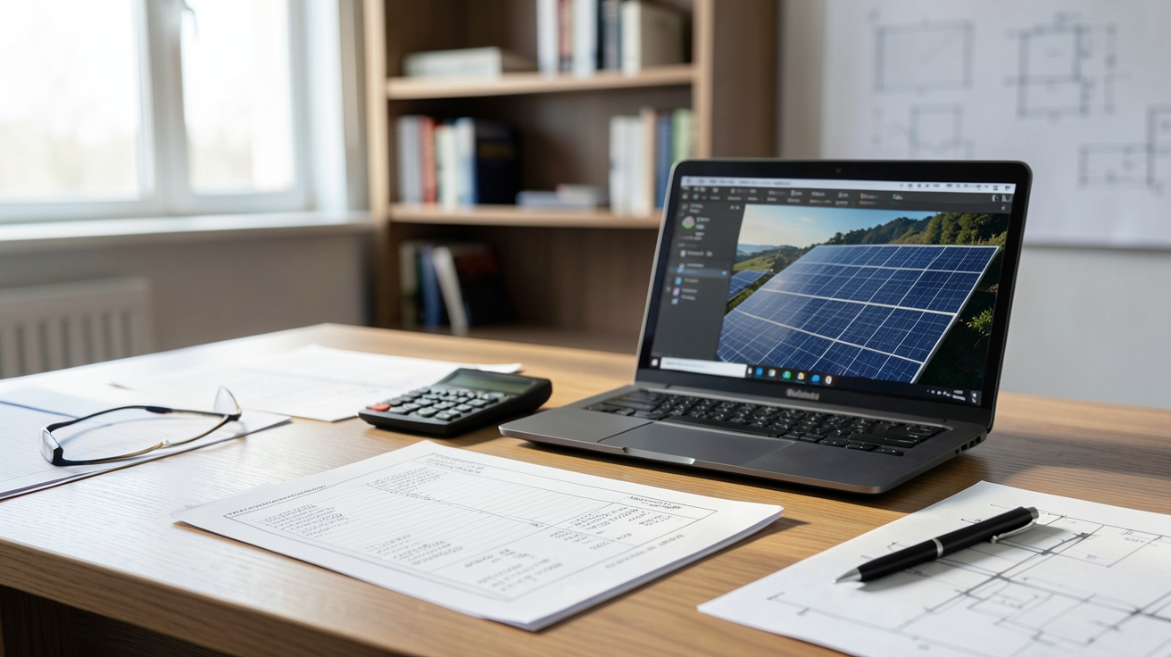 devis panneaux solaires posé sur un bureau professionnel avec des documents techniques et un ordinateur