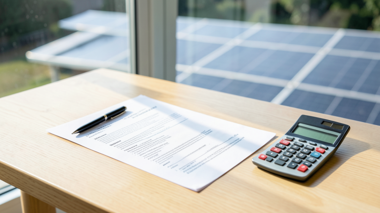 devis panneaux solaires imprimé sur une table avec stylo et calculatrice