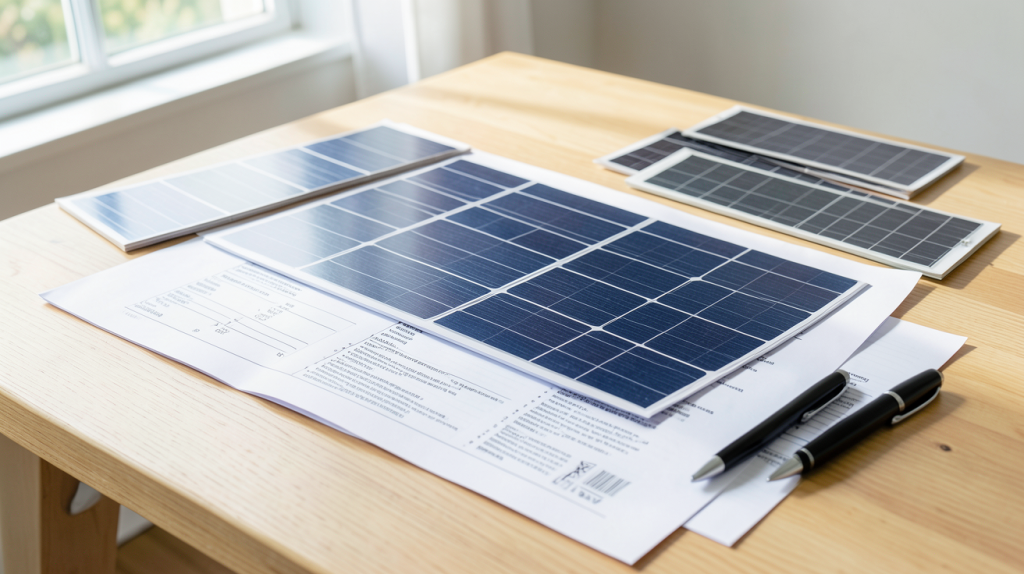 devis panneaux photovoltaïque pour installation sur maison avec échantillons de panneaux solaires et stylo posés sur une table en bois