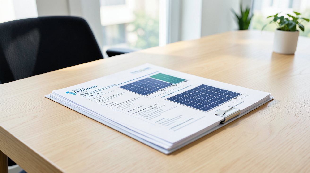 devis panneaux photovoltaïques posés sur un bureau avec des critères de comparaison visibles