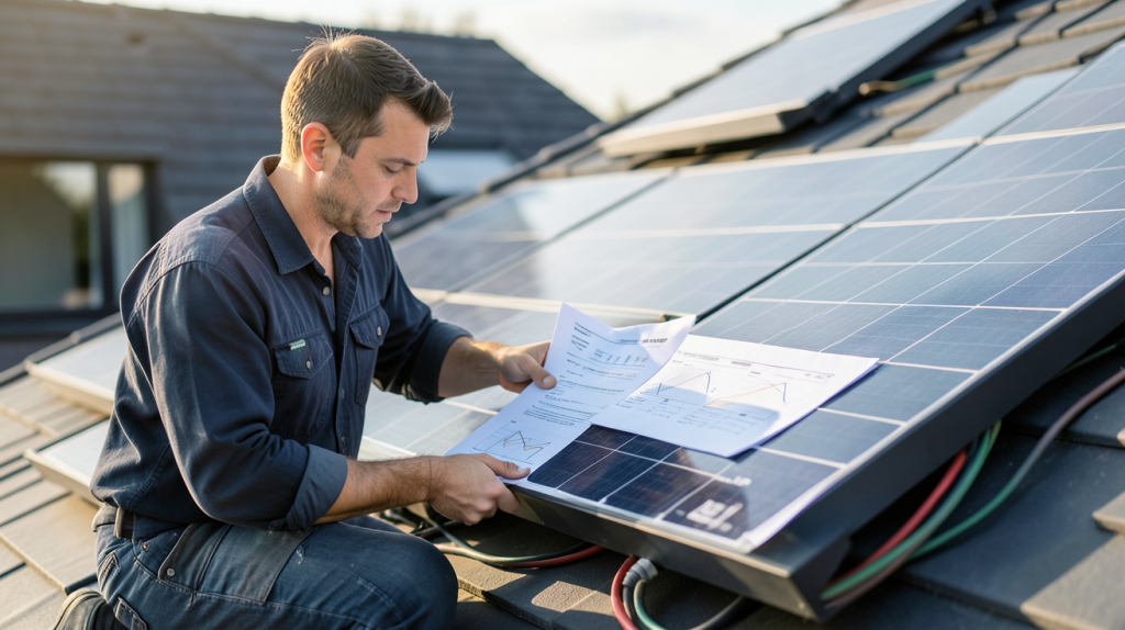 devis panneaux photovoltaïques présenté par un installateur devant une maison avec des panneaux solaires sur le toit