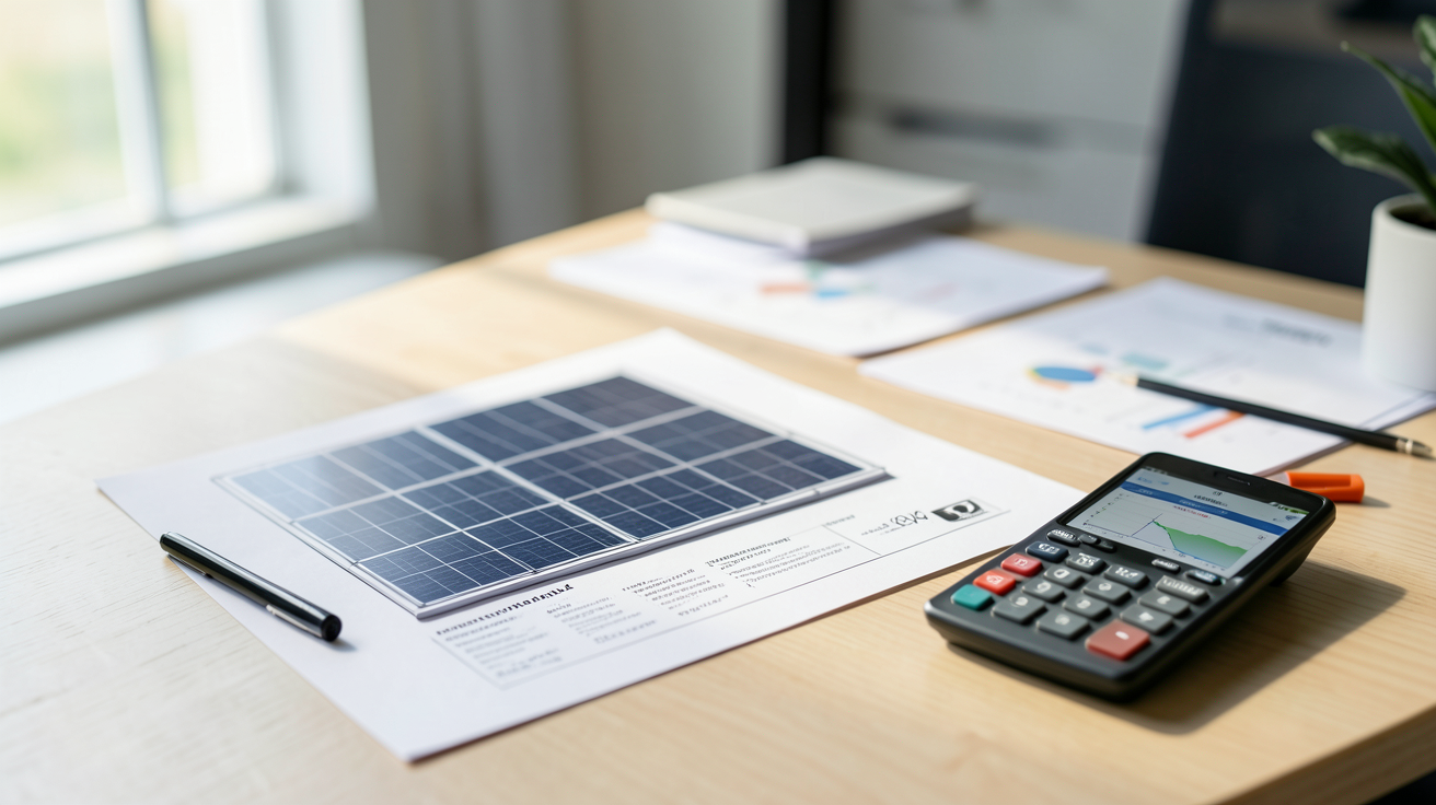 devis panneaux solaires exemple concret posé sur une table avec des outils de calcul et un smartphone