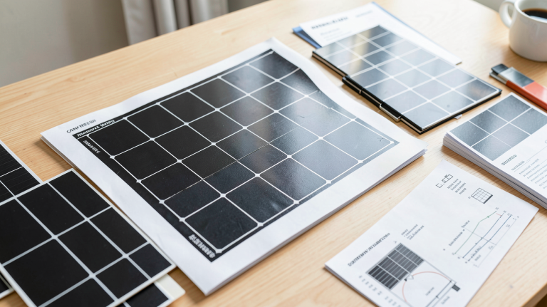 devis panneaux solaires photovoltaiques posé sur une table avec échantillons de panneaux solaires noirs