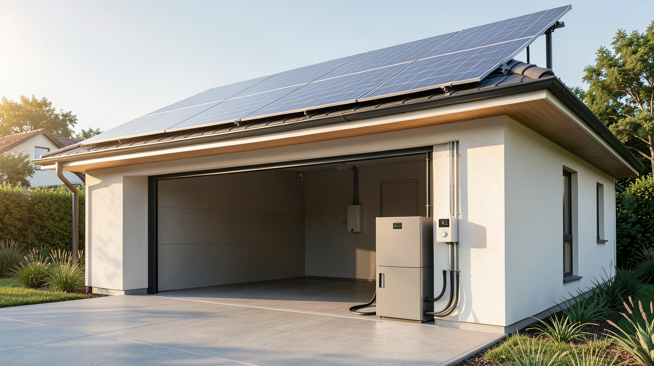 devis photovoltaïque autoconsommation avec autoconsommation batterie physique système solaire installé sur une maison moderne avec batterie dans un garage