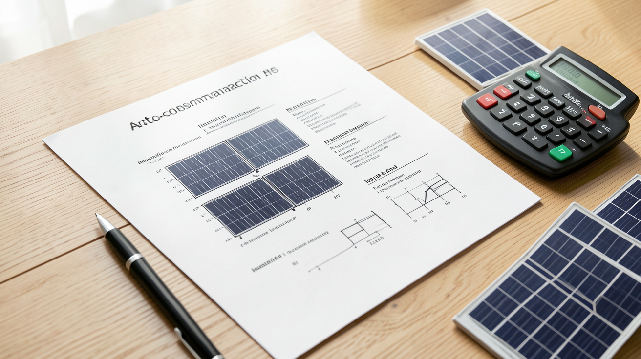 devis photovoltaïque autoconsommation pour le coût d'une installation en 2026 posé sur une table avec calculatrice et panneaux solaires miniatures