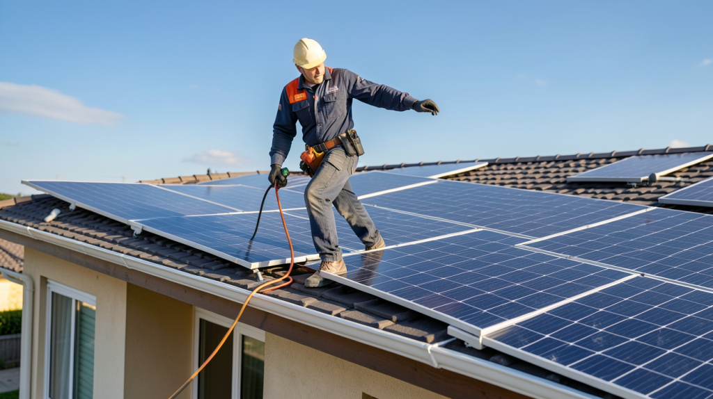 devis photovoltaique autoconsommation technicien examinant des panneaux solaires sur le toit d'une maison, photo ultra réaliste