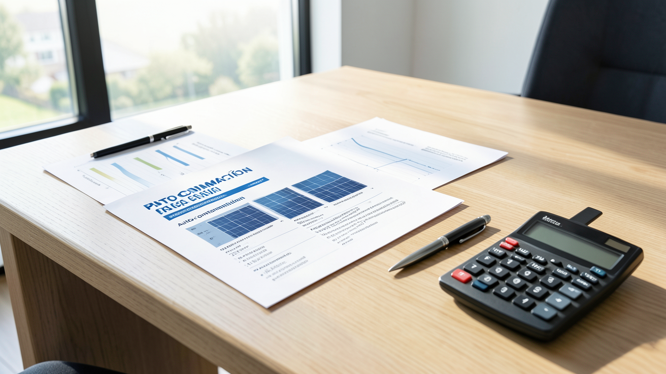 devis photovoltaïque pour autoconsommation posé sur un bureau avec des documents techniques et une calculatrice