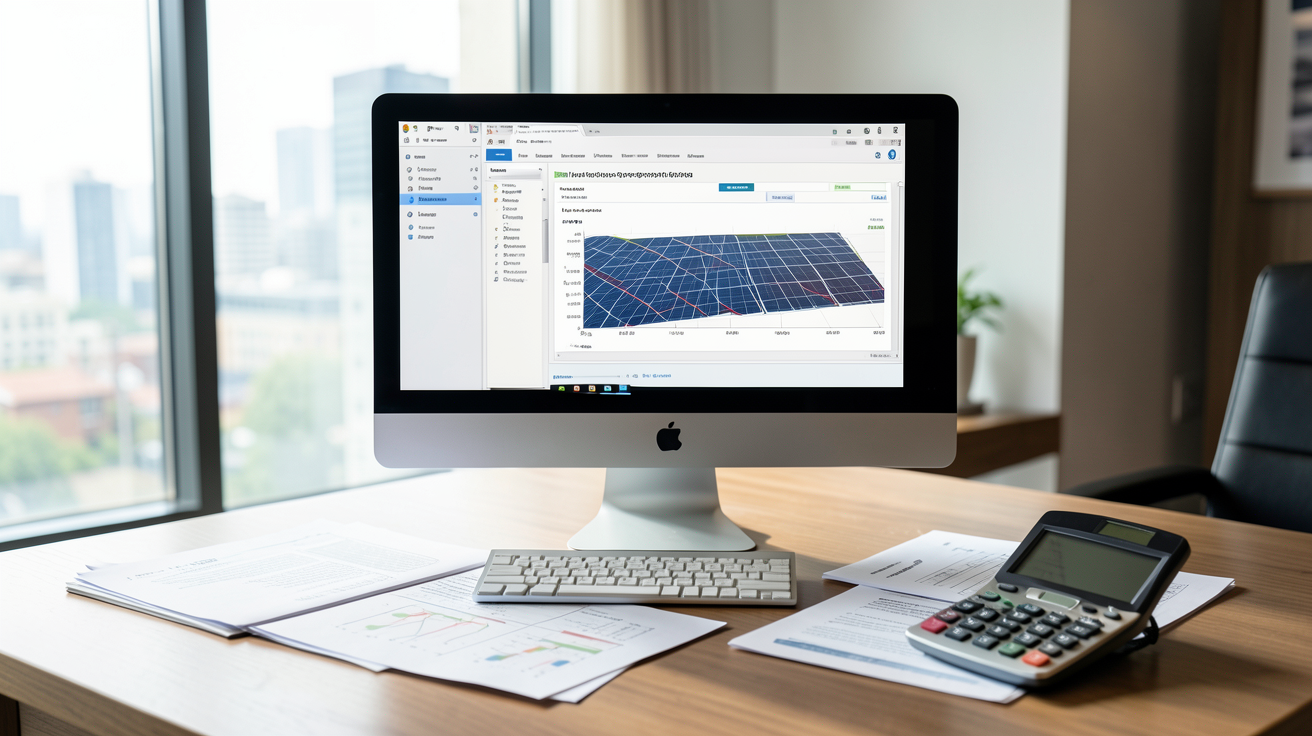 devis photovoltaïque détaillé sur écran d'ordinateur dans un bureau moderne