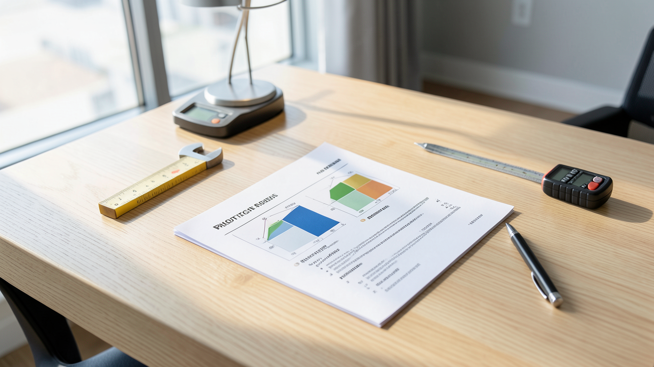 devis photovoltaïque ouvert sur une table en bois clair avec outils de mesure et stylo