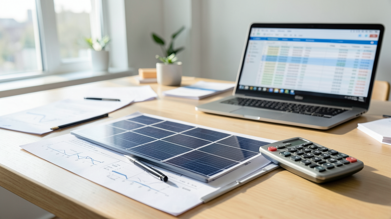 devis pose panneaux photovoltaiques avec calculs de coût pour 2026 sur une table en bois clair