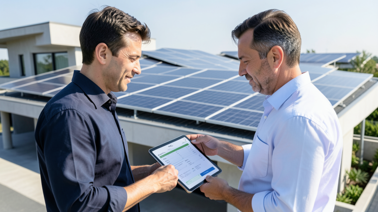devis pose panneaux photovoltaiques examiné par un technicien sur un toit équipé de panneaux solaires