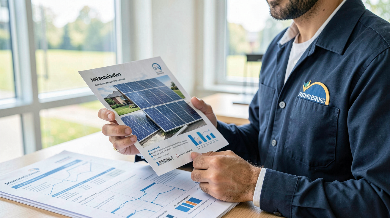 devis pour installation panneau solaire montrant les aides financières et subventions disponibles, avec un professionnel et des documents de financement
