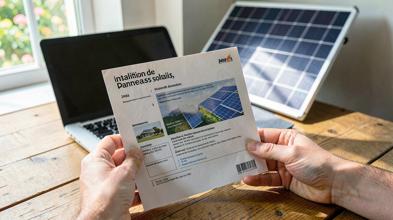 devis pour installation panneau solaire vérifiant le devis avant de signer, main tenant le document à côté d'un panneau solaire