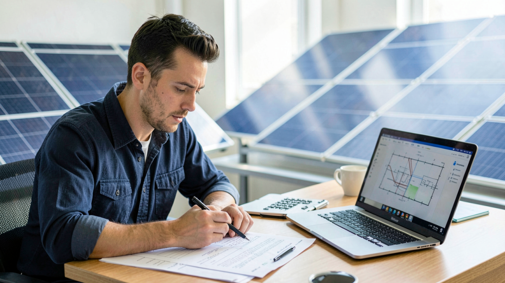 devis pour installation panneau solaire affiché sur un bureau avec documents, ordinateur et maquette de panneaux solaires
