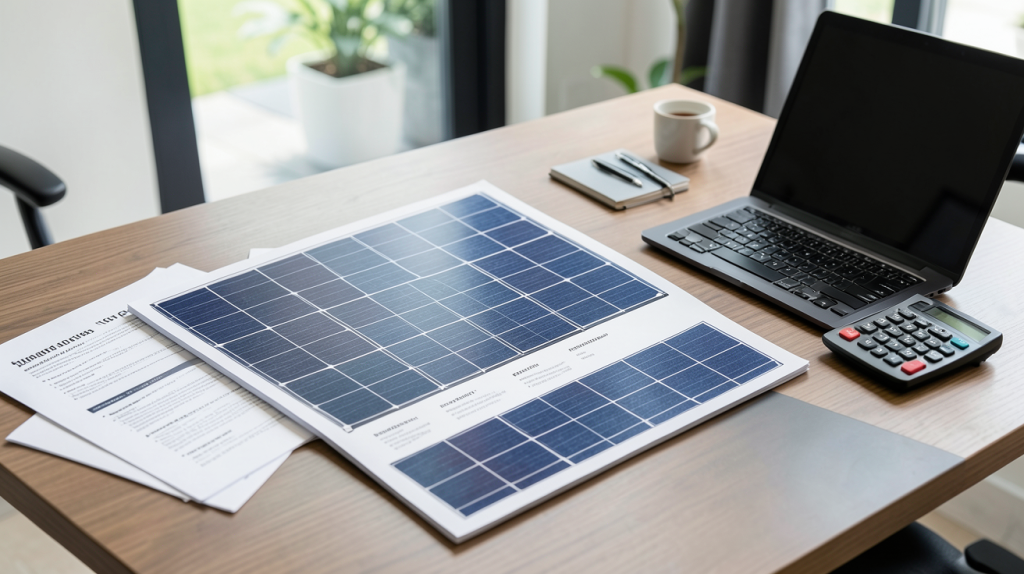 devis pour panneau solaire posé sur un bureau professionnel avec des documents et un ordinateur, lumière naturelle