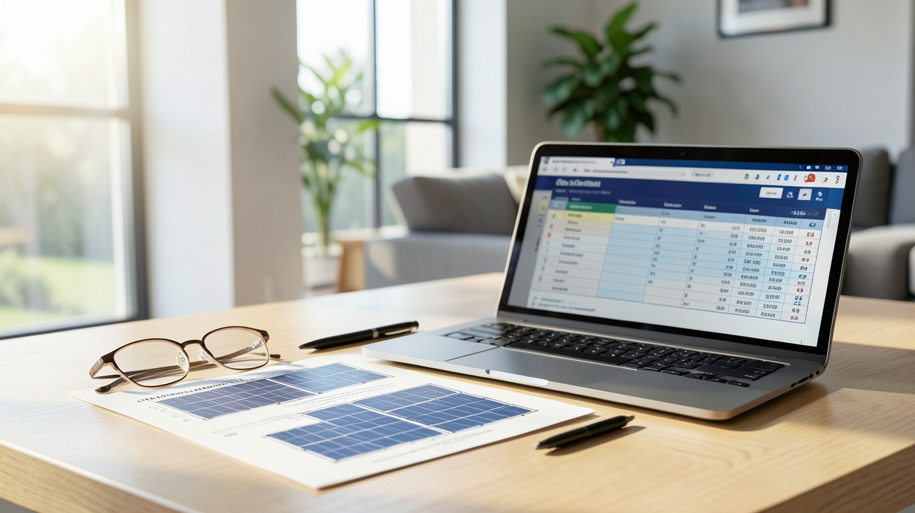 devis pour panneau solaire avec éléments de calcul et accessoires posés sur une table en bois