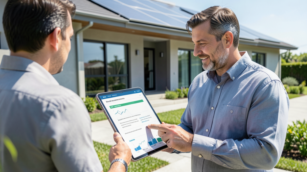 devis solaire présenté sur une tablette numérique par un professionnel devant une maison avec panneaux solaires