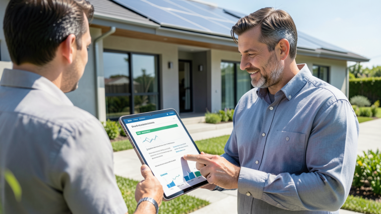 devis solaire présenté sur une tablette numérique par un professionnel devant une maison avec panneaux solaires
