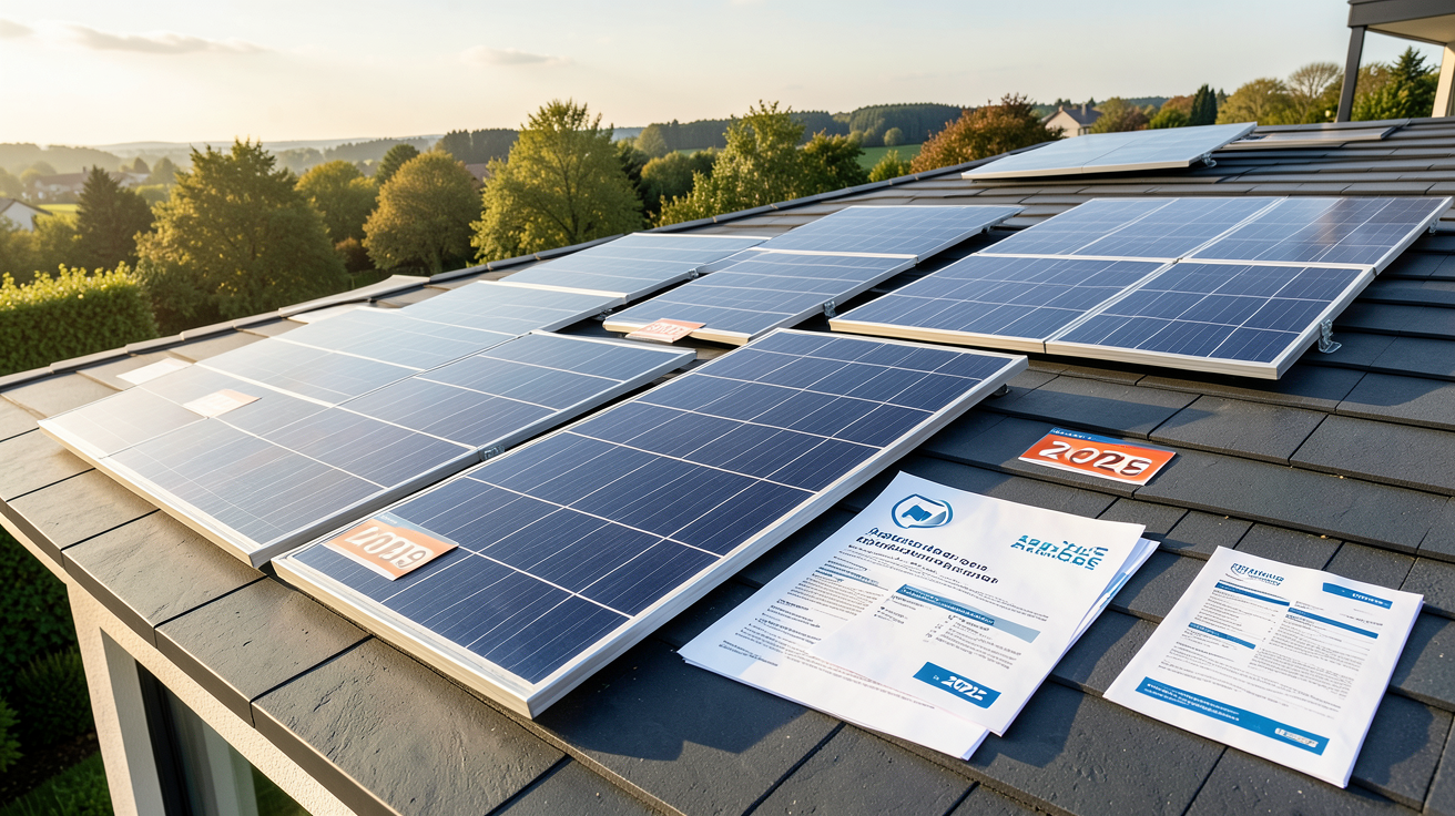 différent type de panneau photovoltaique exposés sur un toit avec étiquettes de prix et documents d'aides financières 2025