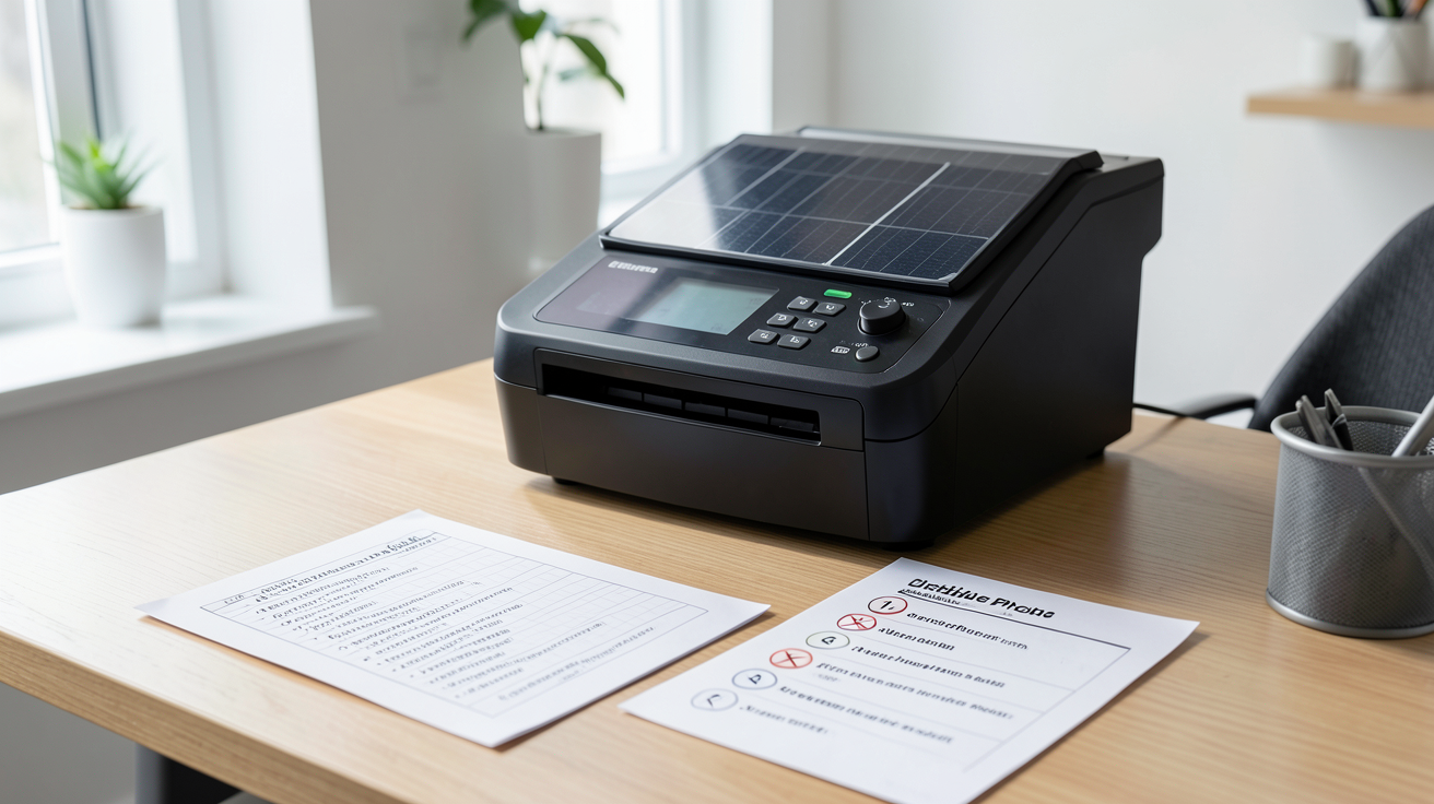 distributeur photovoltaïque professionnel posé sur un bureau avec une checklist imprimée de 10 points à vérifier avant commande