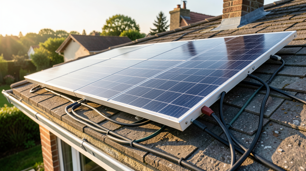distributeur photovoltaïque installé sur un toit de maison résidentielle avec câbles connectés