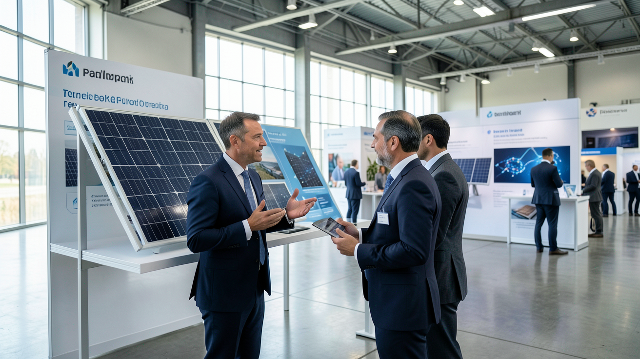 distributeur photovoltaïque présentant des services à valeur ajoutée à un client dans un hall d'exposition