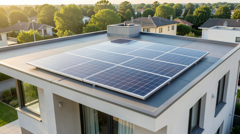 dokio panneau solaire installé sur le toit d'une maison moderne, capturé en plein jour avec une lumière naturelle éclatante