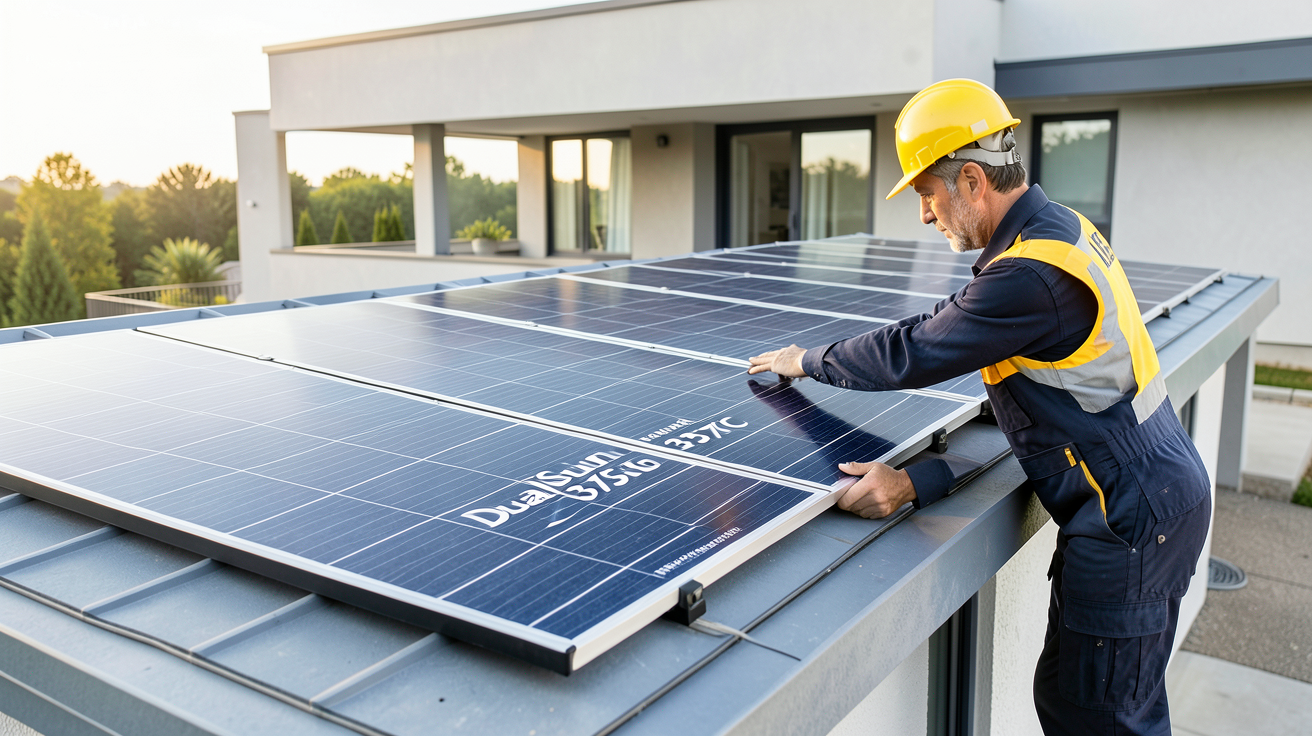 dualsun 375wc panneaux solaires hybrides installés sur toit d'une maison contemporaine
