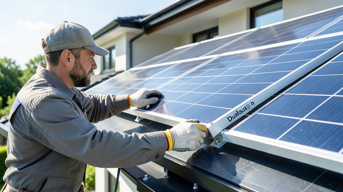 dualsun 500w en cours d'installation sur une toiture résidentielle par un expert.