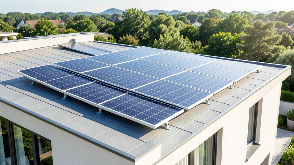 dualsun 500wc installé sur le toit d’une maison moderne, capturant l’énergie solaire avec un rendu photographique premium
