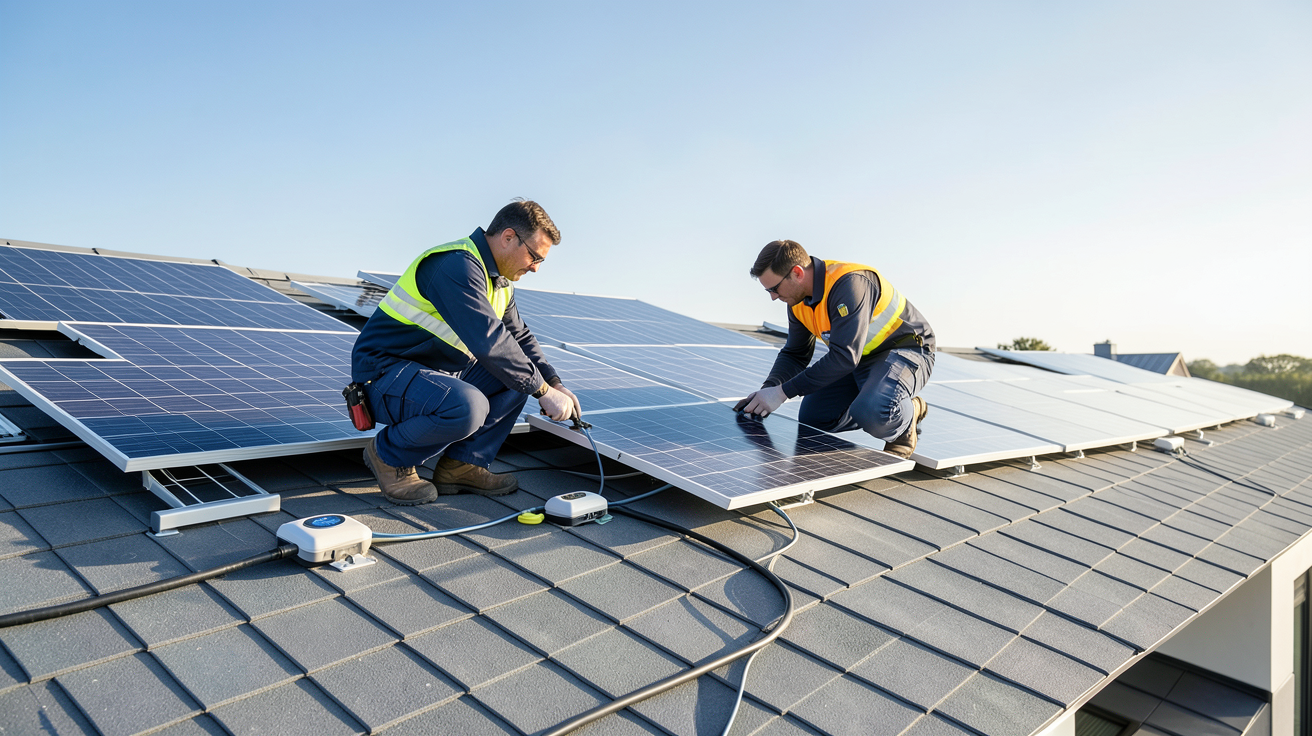 dualsun panneau solaire installation en cours sur le toit d'une maison contemporaine par des techniciens professionnels