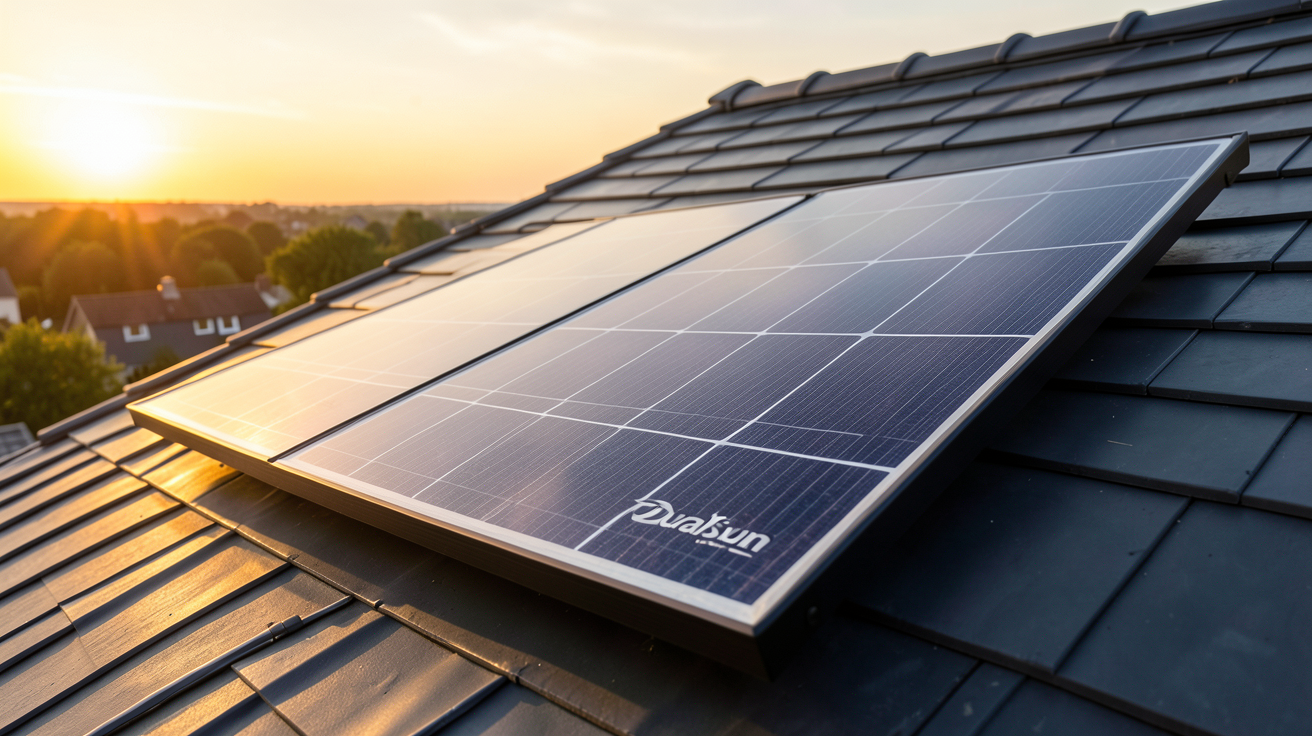 dualSun panneau solaire SPRING (PVT) installé sur un toit, produisant électricité et chaleur sous un ciel clair