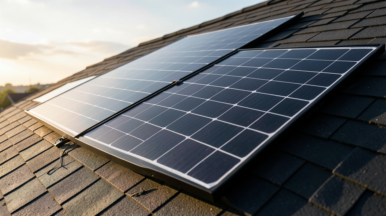 dualsun spring 375 panneau solaire Shingle Black posé sur un toit, vue technique des cellules photovoltaïques intégrées
