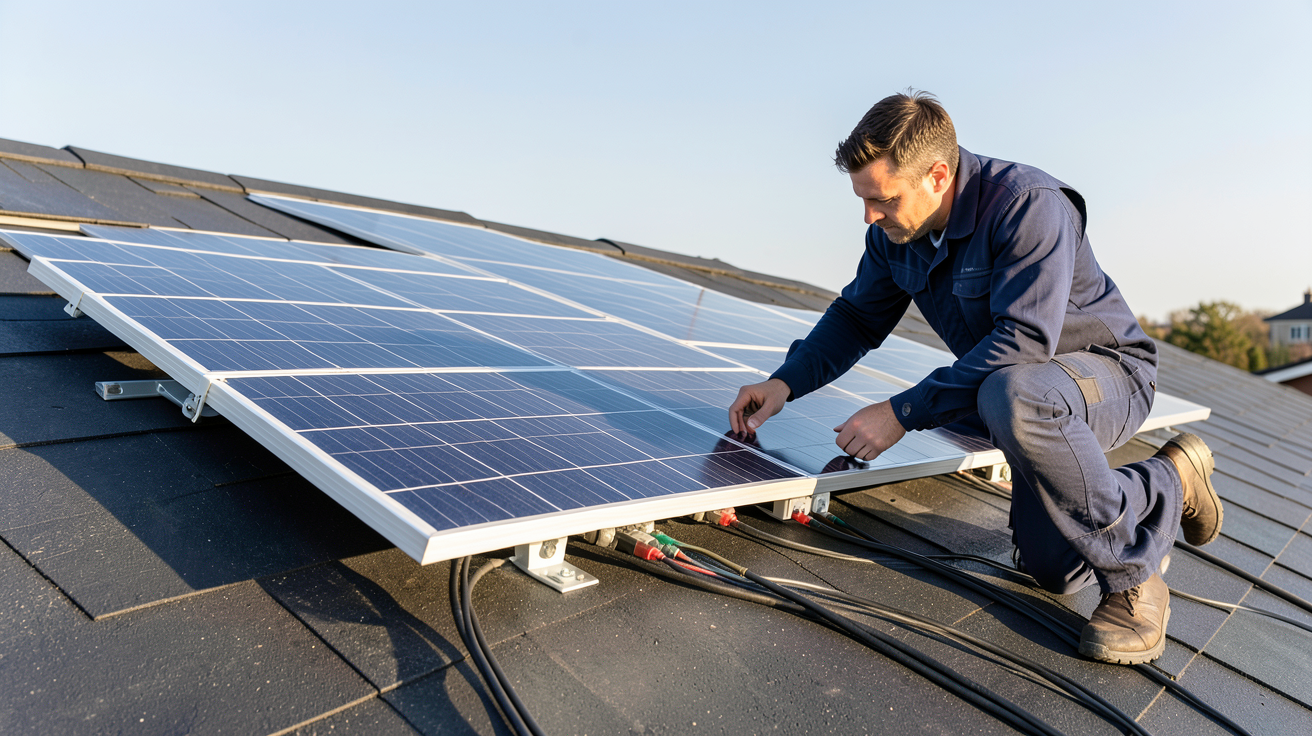 dualSun Spring 375 prix 2024 : coût d'achat et installation sur un toit de maison moderne avec un technicien vérifiant les branchements