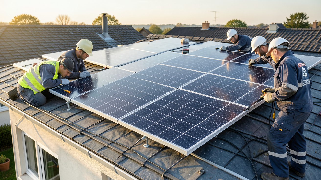 dualSun Spring 375 en cours d'installation sur un toit de maison avec des techniciens professionnels
