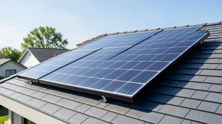 dualsun spring 400 solar panel installed on a modern home roof, showing the sleek design and photovoltaic cells under bright daylight