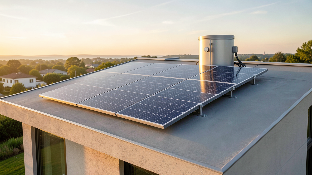 dualsun spring combiné à un chauffe-eau solaire installé sur le toit d'une maison moderne