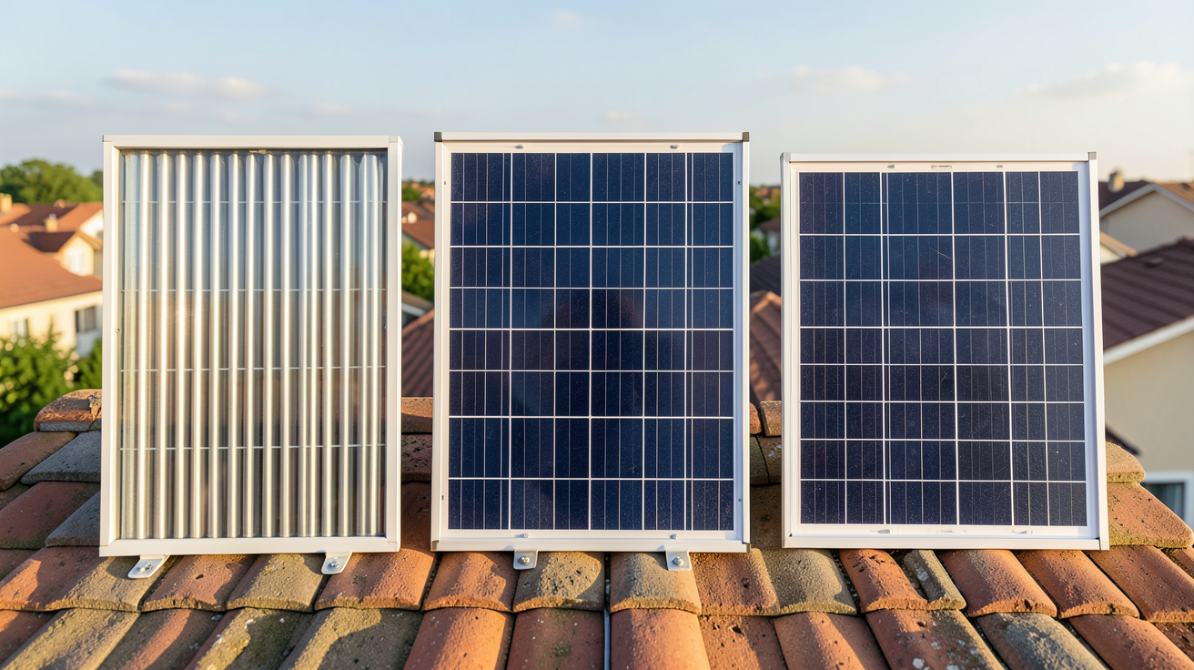 eau chaude panneau solaire montrant trois types de panneaux : thermique, photovoltaïque et hybride alignés sur un toit