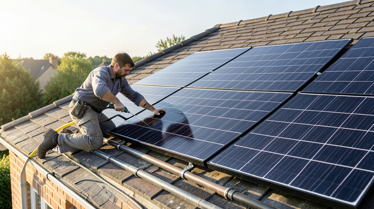 eau chaude panneau solaire : technicien mesurant et dimensionnant une installation de chauffe-eau solaire sur un toit