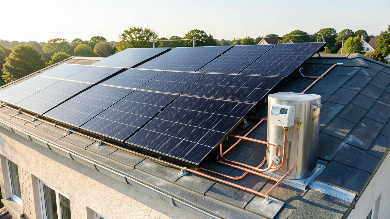 eau chaude panneau solaire : installation complète d'un chauffe-eau solaire thermique sur le toit d'une maison avec panneaux noirs et ballon de stockage