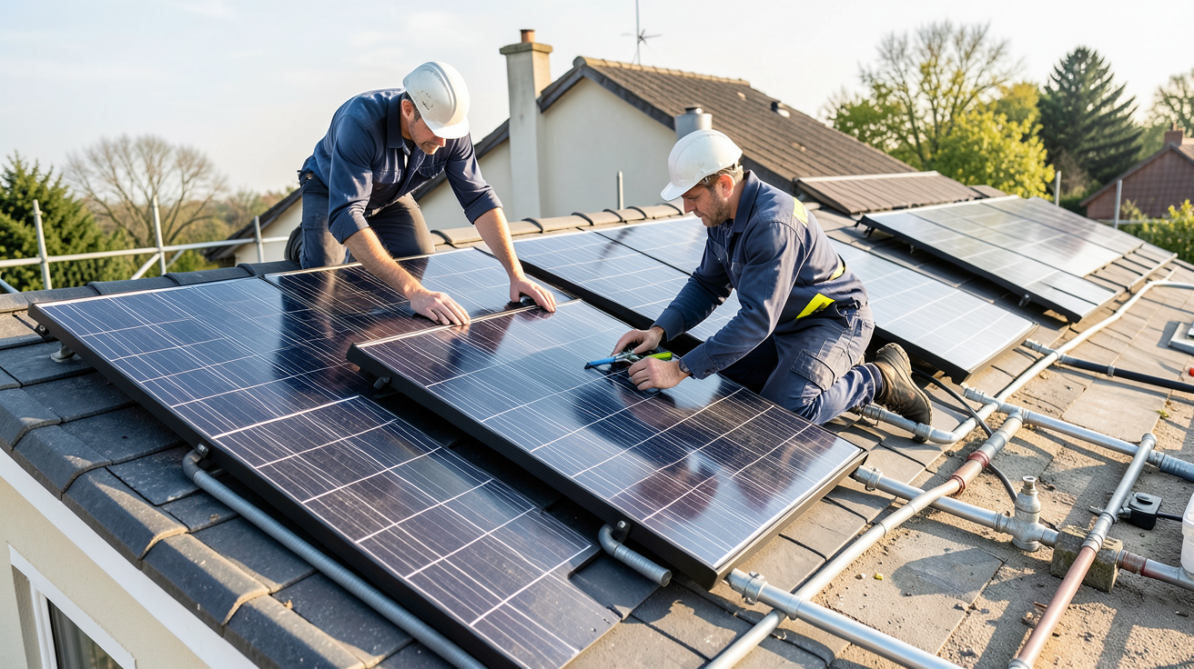 eau chaude panneau solaire prix coût de pose d'un chauffe-eau solaire avec techniciens en train d'installer les panneaux sur un toit