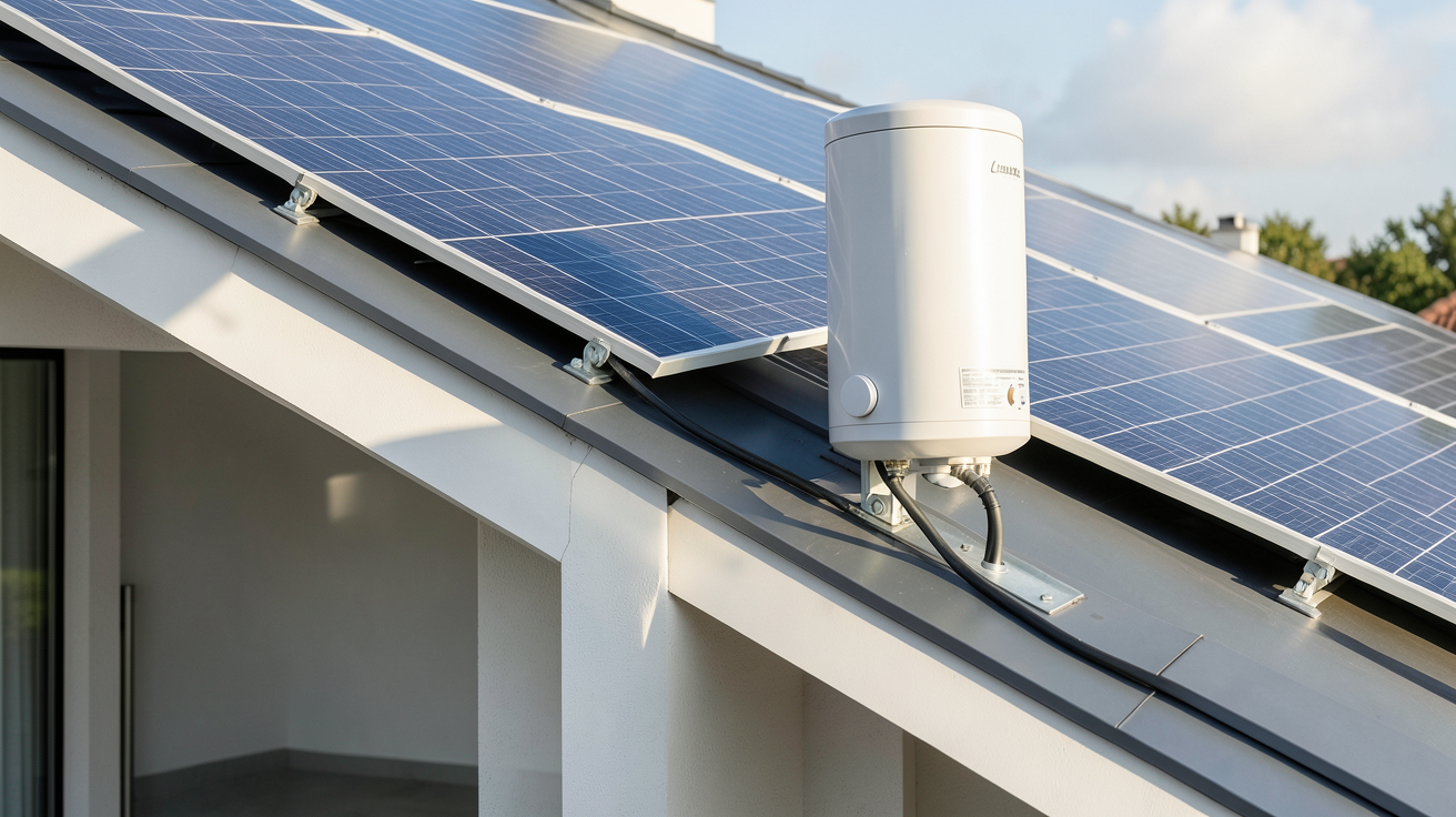 eau chaude photovoltaique chauffe-eau électrique alimenté par panneaux solaires sur toit de maison moderne