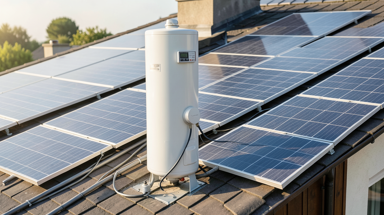 eau chaude photovoltaïque : chauffe-eau électrique alimenté par des panneaux solaires sur un toit de maison