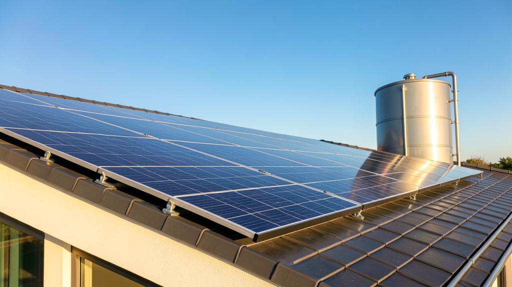 eau chaude photovoltaïque installée sur le toit d'une maison moderne avec panneaux solaires brillants sous un ciel bleu